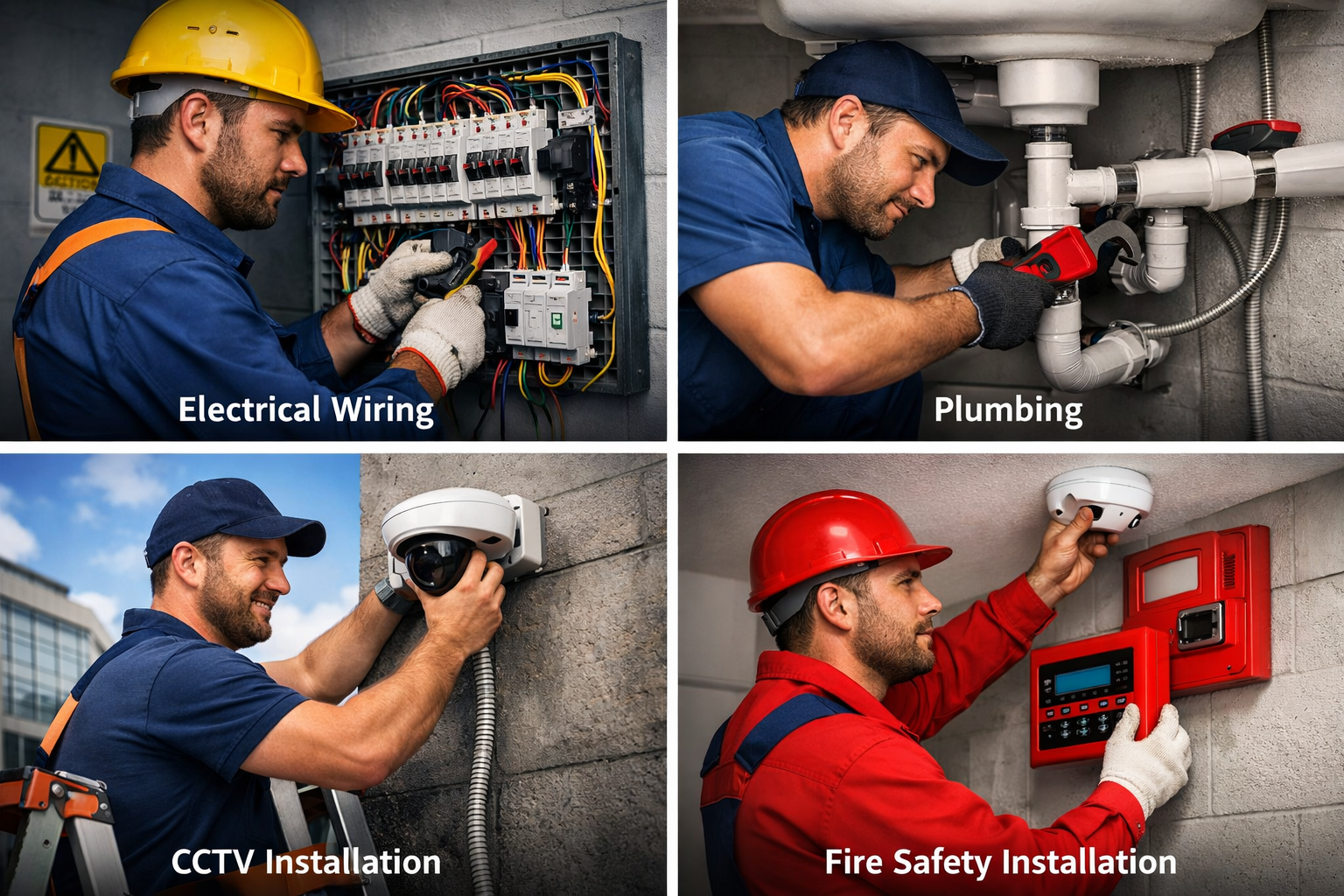 Technicians installing electrical wiring, plumbing pipes, CCTV cameras, and fire safety systems